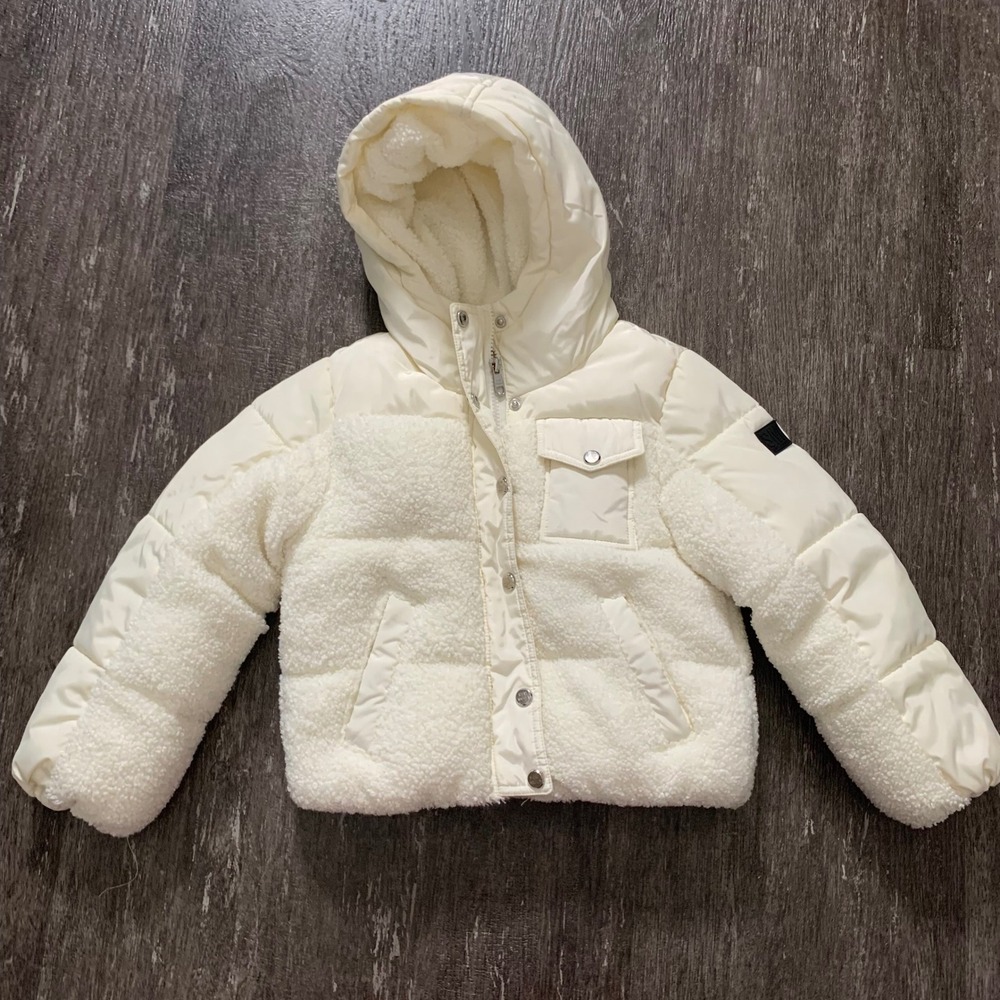 Steve Madden Puffer Jacket Girls 5/6 Cream Fleece Mixed Media Hooded Winter Coat